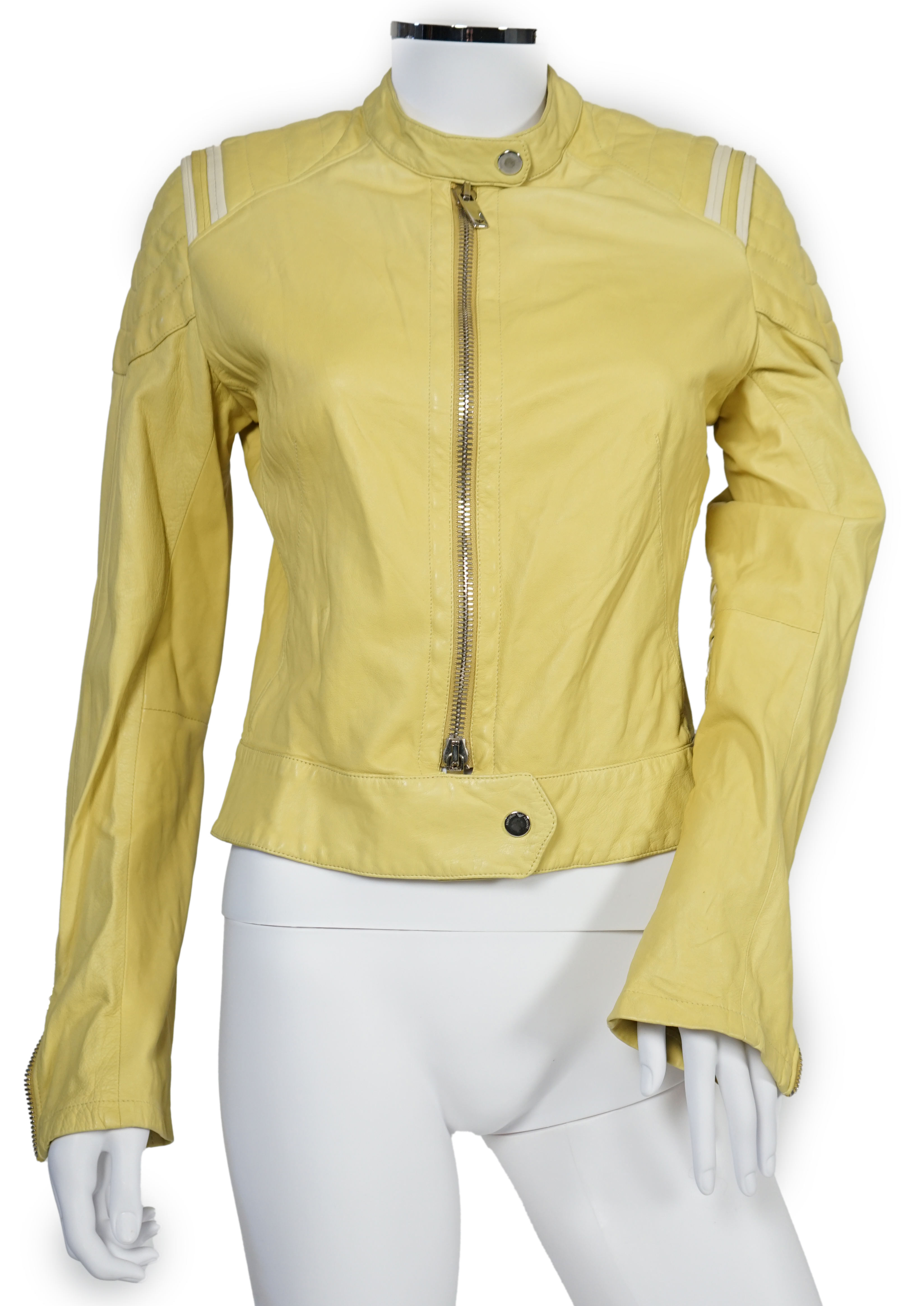 Two Emporio Armani lady's black jackets and one yellow leather biker jacket, long jacket size EU 40, both the others are size EU 42